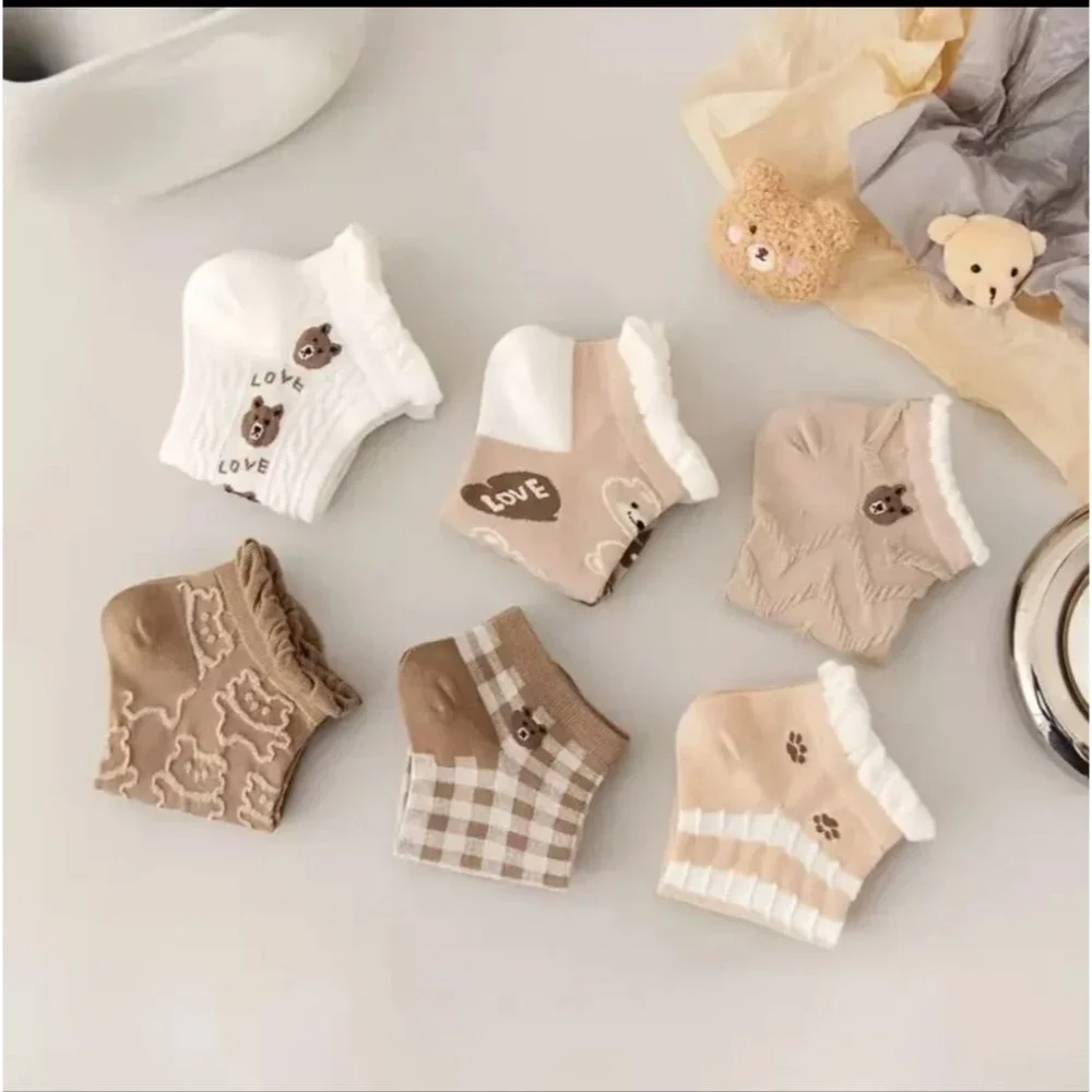 Cottagecore Teddy bear Brown ruffle ankle socks
